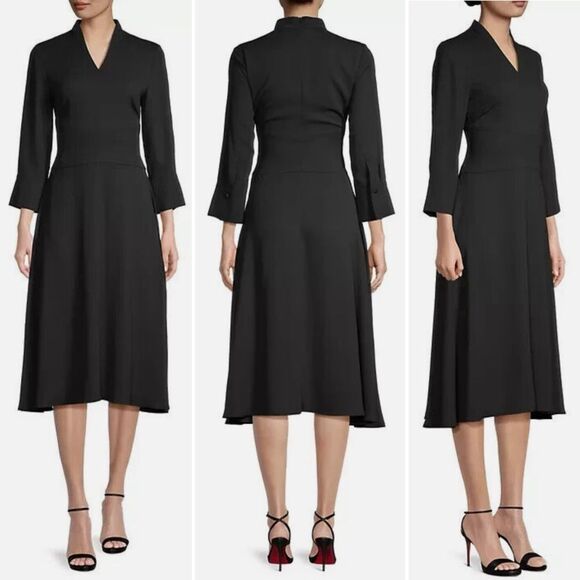 Misook Elegant Midi Black Fit & Flare Dress V-neck M Structured Crepe M - Picture 2 of 10